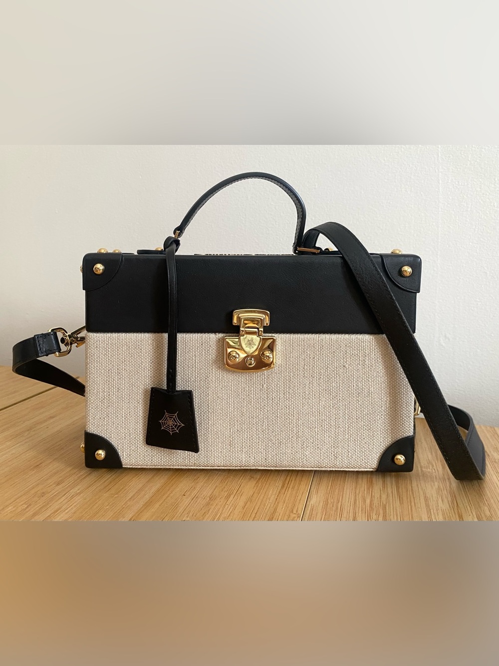Charlotte Olympia Black Leather and Canvas Mini Trunk Satchel Handbag
